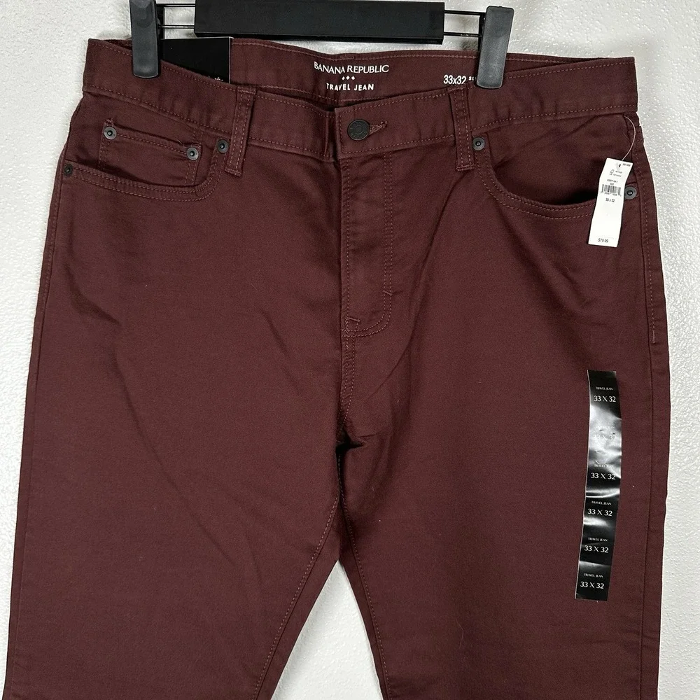 NEW Banana Republic Travel Jeans Pants Mens 33x32 Travelers Slim Fit Maroon Red